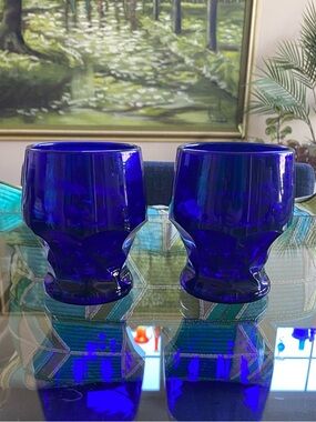Vtg Viking Glass Cobalt Blue Tumblers Georgian Faceted Barware Set of 2